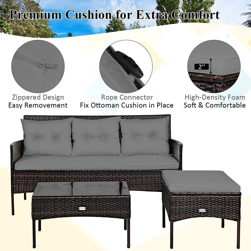 3-Piece Wicker Outdoor Sectional Conversation Set with 5 Gray Seat and Back Cushions
