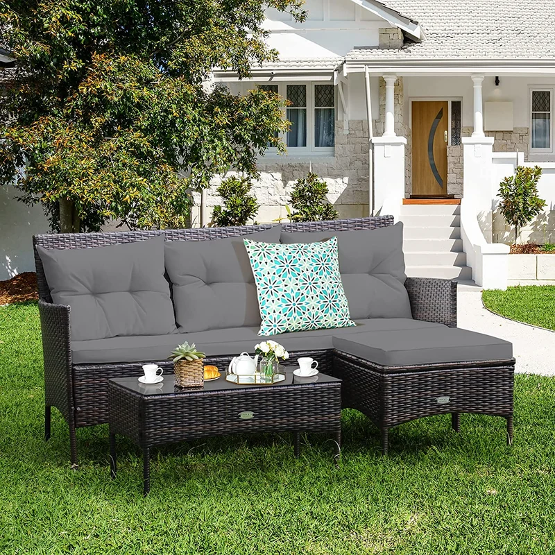 3-Piece Wicker Outdoor Sectional Conversation Set with 5 Gray Seat and Back Cushions