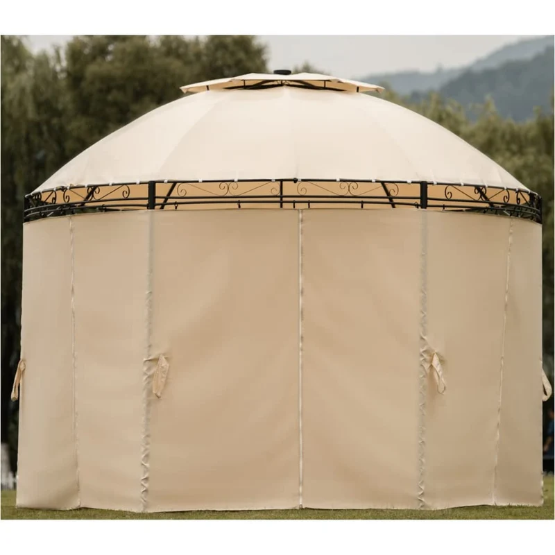 SUGIFT Outdoor Gazebo Steel Fabric Round Soft Top Gazebo with Removable Curtains
