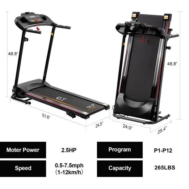 SUGIFT Smart Electric Folding Treadmill with Incline 2.5HP 12KM/H Electric Treadmill for Home, Bluetooth Music Cup Holder Heart Rate Sensor