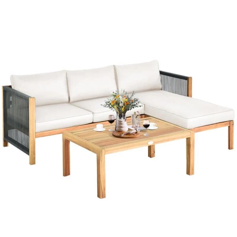 3-Piece Acacia Wood Patio Conversation Set Sofa with White Cushions