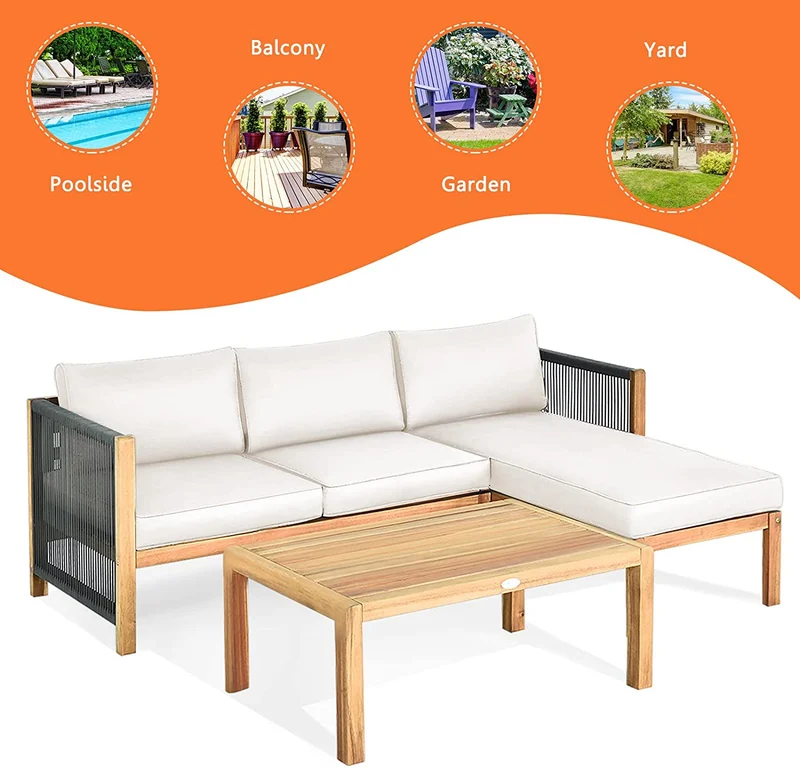 3-Piece Acacia Wood Patio Conversation Set Sofa with White Cushions