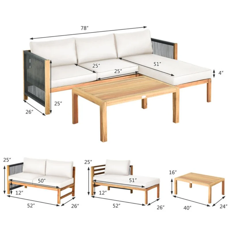 3-Piece Acacia Wood Patio Conversation Set Sofa with White Cushions