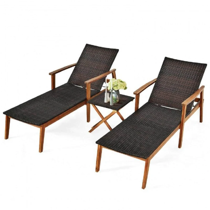 Brown 3-Pieces Wood Frame Rattan Patio Lounge Chaise with Folding Table