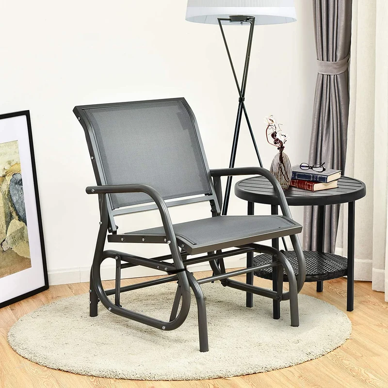 Outdoor Gray Metal Steel Single Swing Glider Rocking Chair with Armrest