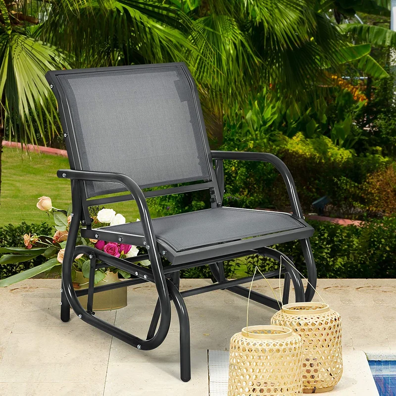 Outdoor Gray Metal Steel Single Swing Glider Rocking Chair with Armrest