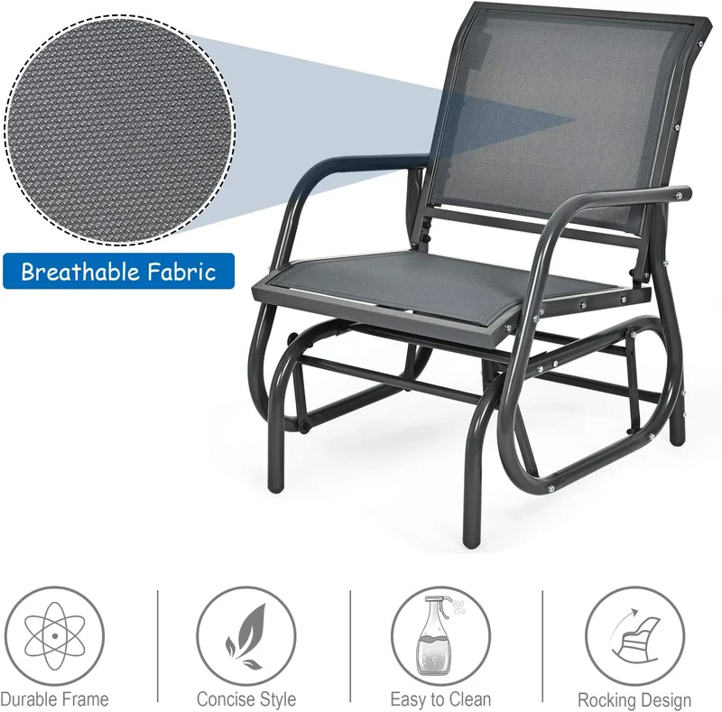Outdoor Gray Metal Steel Single Swing Glider Rocking Chair with Armrest