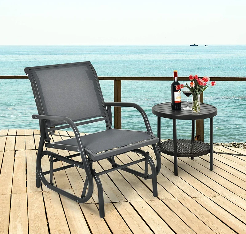 Outdoor Gray Metal Steel Single Swing Glider Rocking Chair with Armrest