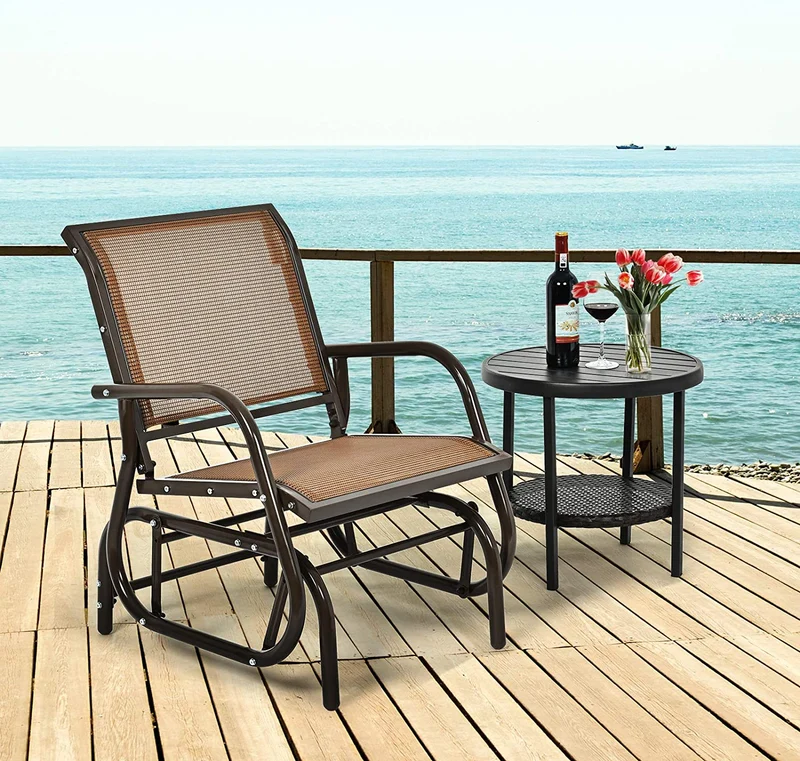 Brown Metal Steel Single Outdoor Swing Glider Rocking Chair with Armrest