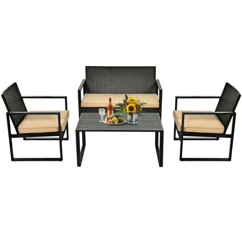 4-Piece Outdoor Patio Rattan Conversation Set with Brown Cushions and Coffee Table