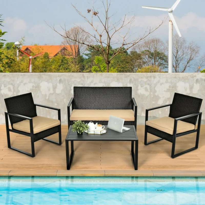 4-Piece Outdoor Patio Rattan Conversation Set with Brown Cushions and Coffee Table