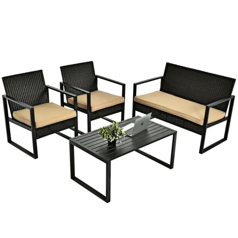 4-Piece Outdoor Patio Rattan Conversation Set with Brown Cushions and Coffee Table