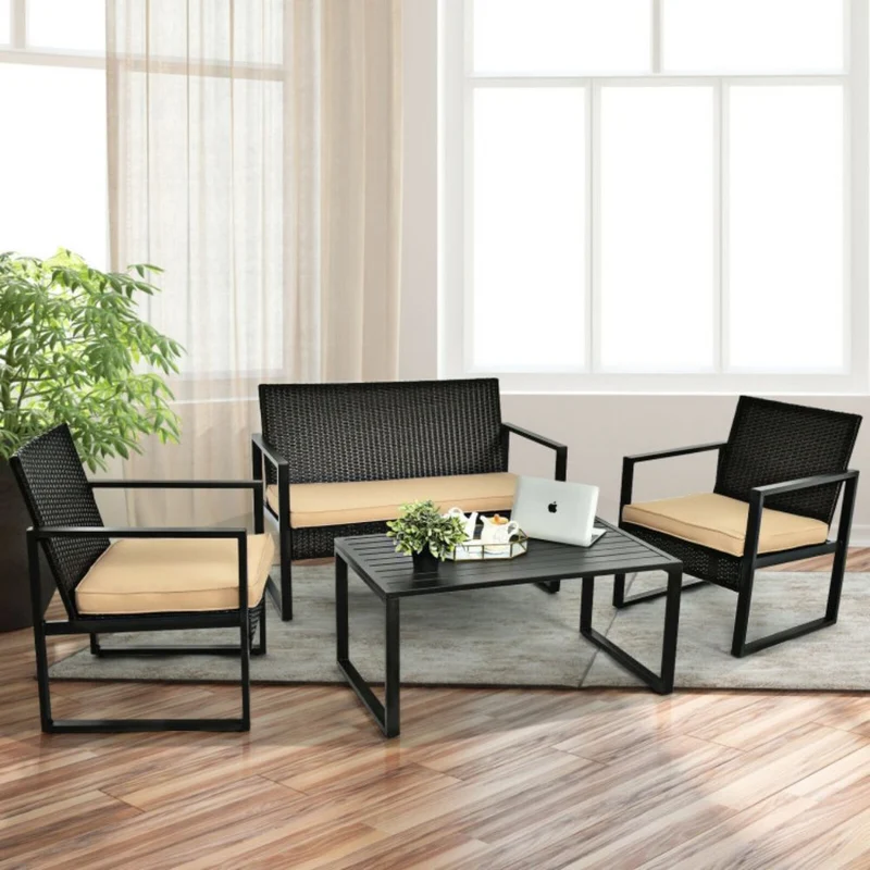 4-Piece Outdoor Patio Rattan Conversation Set with Brown Cushions and Coffee Table