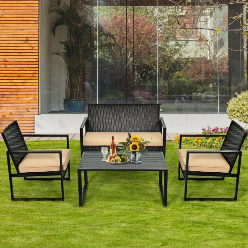 4-Piece Outdoor Patio Rattan Conversation Set with Brown Cushions and Coffee Table
