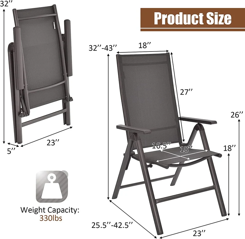 2-Piece Outdoor Gray Patio Aluminium Folding Dining Chairs with Adjustable Back