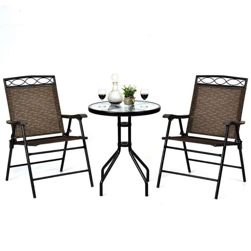 Brown 3-Piece Metal Round Outdoor Bistro Set Patio Pub Dining Set with 2 Folding Chairs & Glass Table