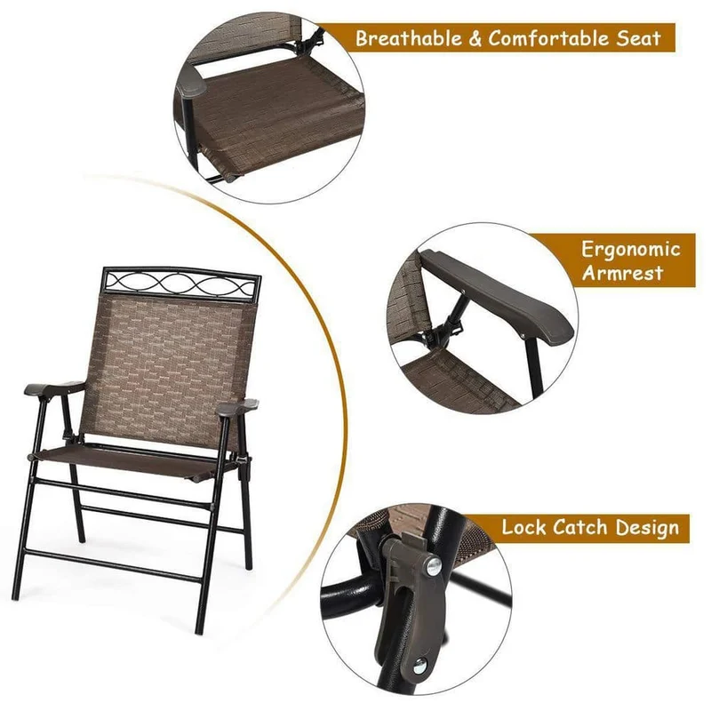 Brown 3-Piece Metal Round Outdoor Bistro Set Patio Pub Dining Set with 2 Folding Chairs & Glass Table