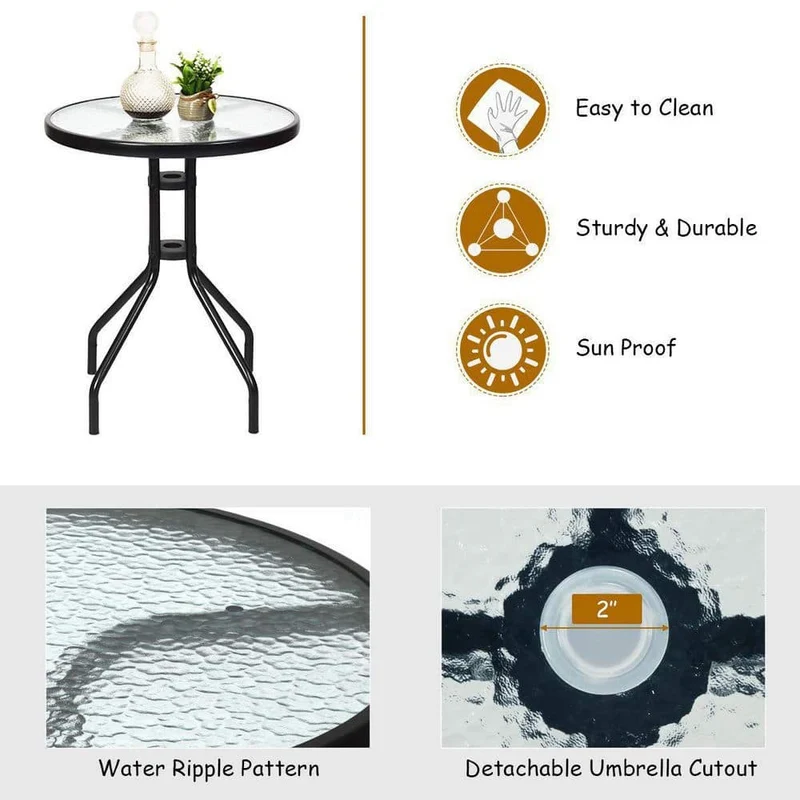 Brown 3-Piece Metal Round Outdoor Bistro Set Patio Pub Dining Set with 2 Folding Chairs & Glass Table