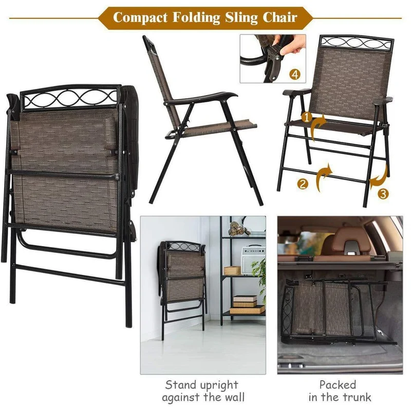 Brown 3-Piece Metal Round Outdoor Bistro Set Patio Pub Dining Set with 2 Folding Chairs & Glass Table