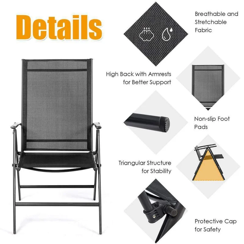 Black Metal Outdoor Dining Chairs Patio Folding Chairs (Set of 2)