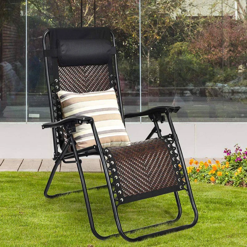 Folding Recliner Mix Light Brown Rattan Zero Gravity Wicker Patio Lounge Chair with Headrest