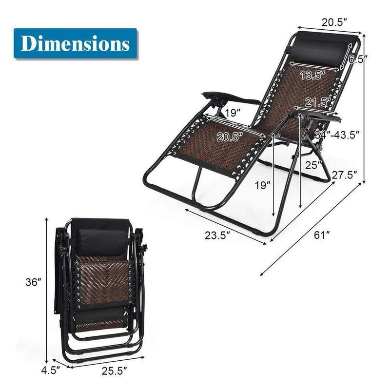 Folding Recliner Mix Light Brown Rattan Zero Gravity Wicker Patio Lounge Chair with Headrest