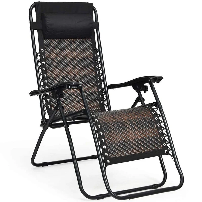 Folding Recliner Mix Brown Rattan Zero Gravity Wicker Patio Lounge Chair with Headrest