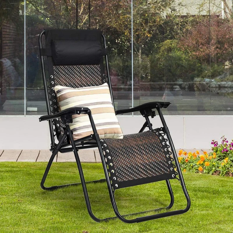 Folding Recliner Mix Brown Rattan Zero Gravity Wicker Patio Lounge Chair with Headrest