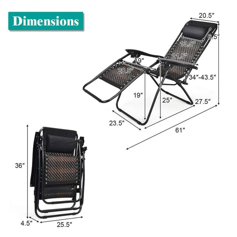 Folding Recliner Mix Brown Rattan Zero Gravity Wicker Patio Lounge Chair with Headrest