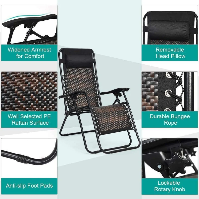 Folding Recliner Mix Brown Rattan Zero Gravity Wicker Patio Lounge Chair with Headrest