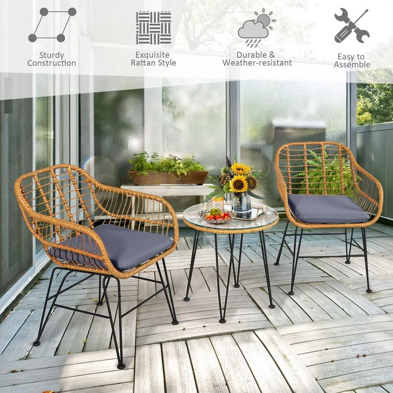3-Piece Wicker Outdoor Patio Conversation Seating Set with Gray Cushions