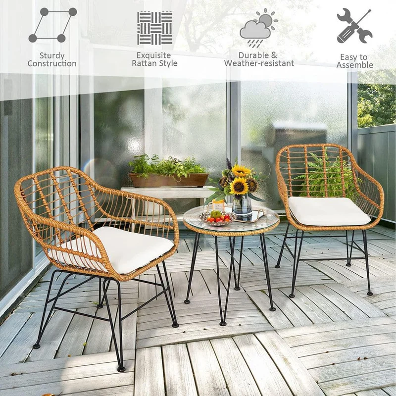 3-Piece Wicker Outdoor Patio Conversation Seating Set with White Cushions