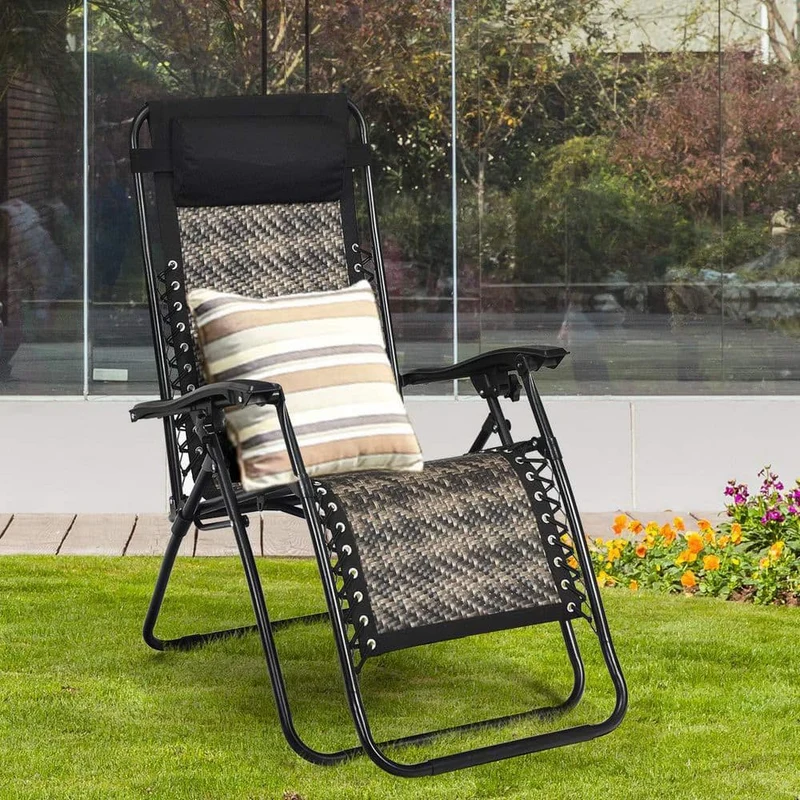 Folding Recliner Mix Gray Rattan Zero Gravity Wicker Patio Lounge Chair with Headrest