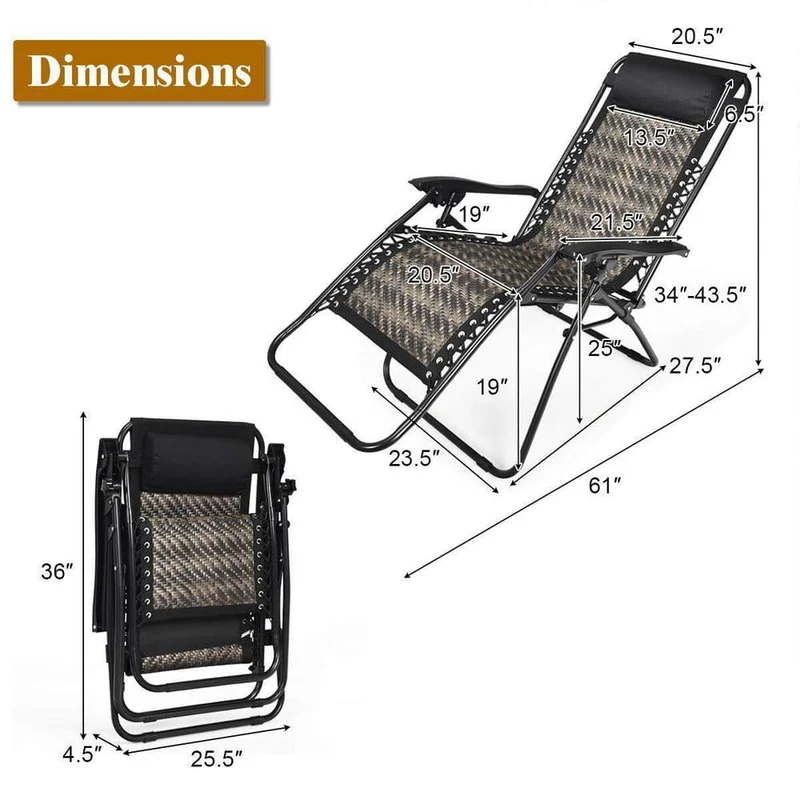Folding Recliner Mix Gray Rattan Zero Gravity Wicker Patio Lounge Chair with Headrest