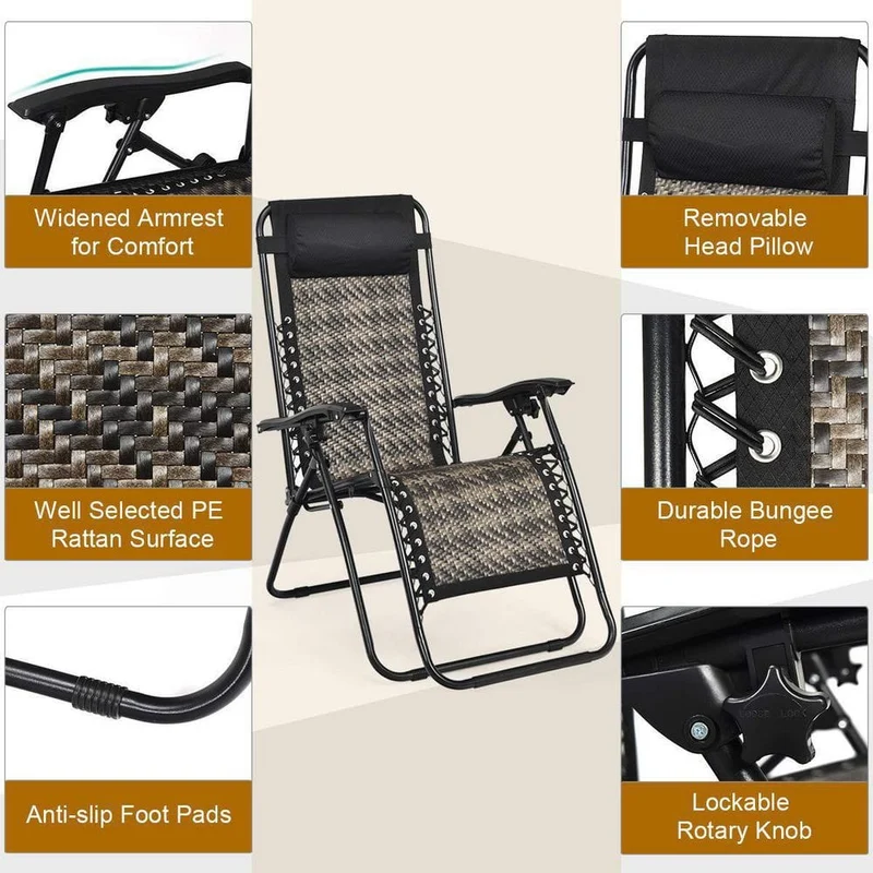 Folding Recliner Mix Gray Rattan Zero Gravity Wicker Patio Lounge Chair with Headrest