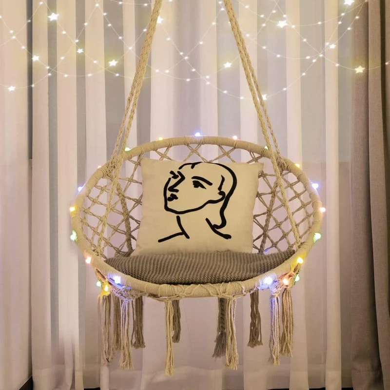 60 in. Indoor/Outdoor Macrame Hammock Chair LED Lights Hanging Swing Chair