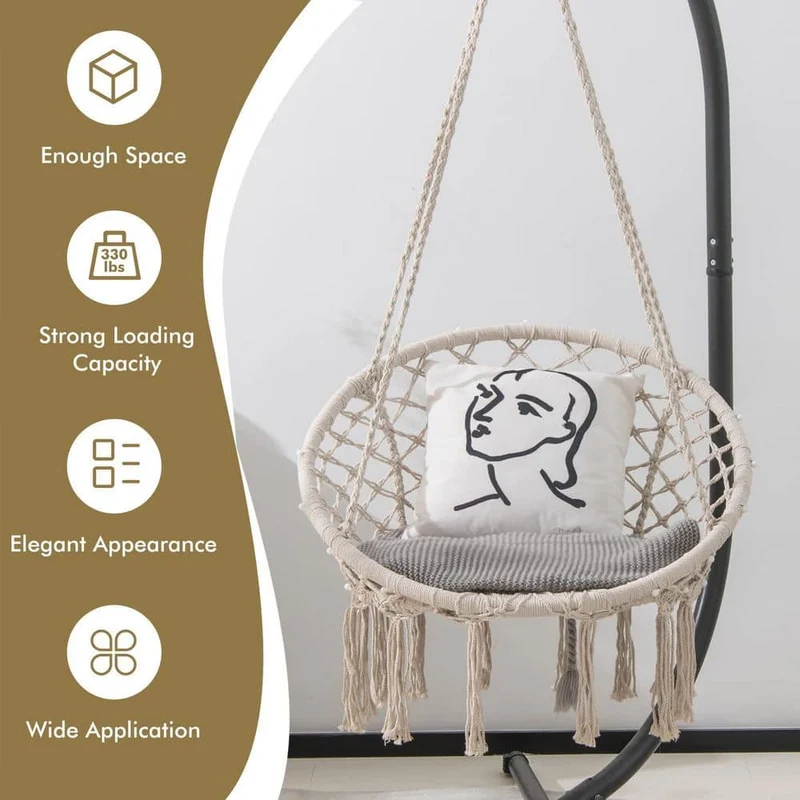 60 in. Indoor/Outdoor Macrame Hammock Chair LED Lights Hanging Swing Chair