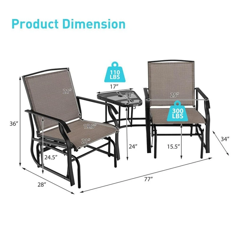 Brown Metal Double Patio Swing Glider Outdoor Rocking Chair Set