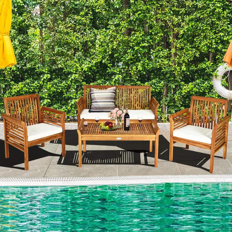 4-Piece Acacia Wood Outdoor Conversation Set with White Cushions
