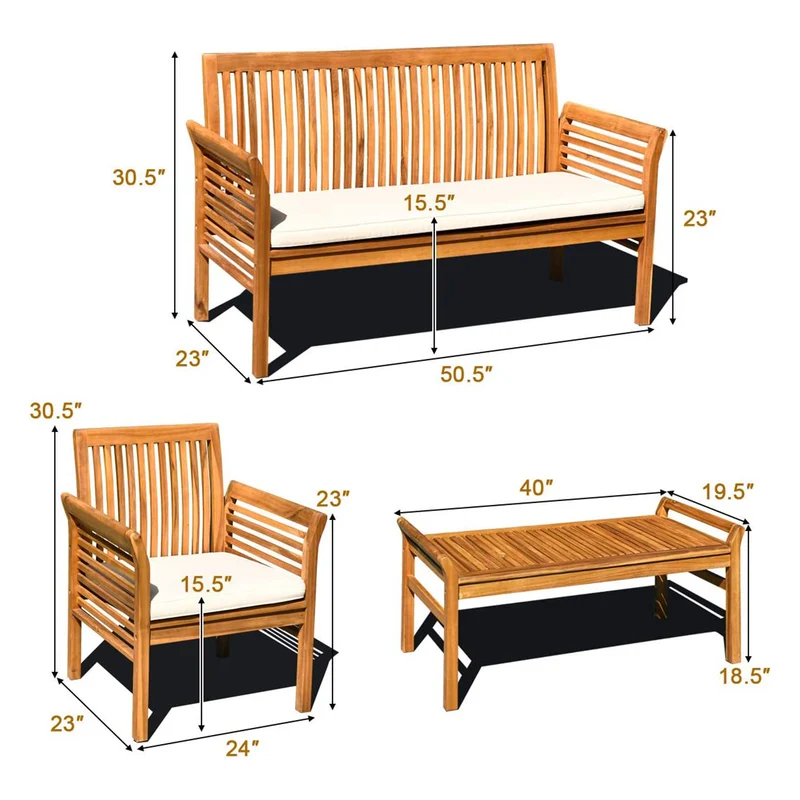4-Piece Acacia Wood Outdoor Conversation Set with White Cushions