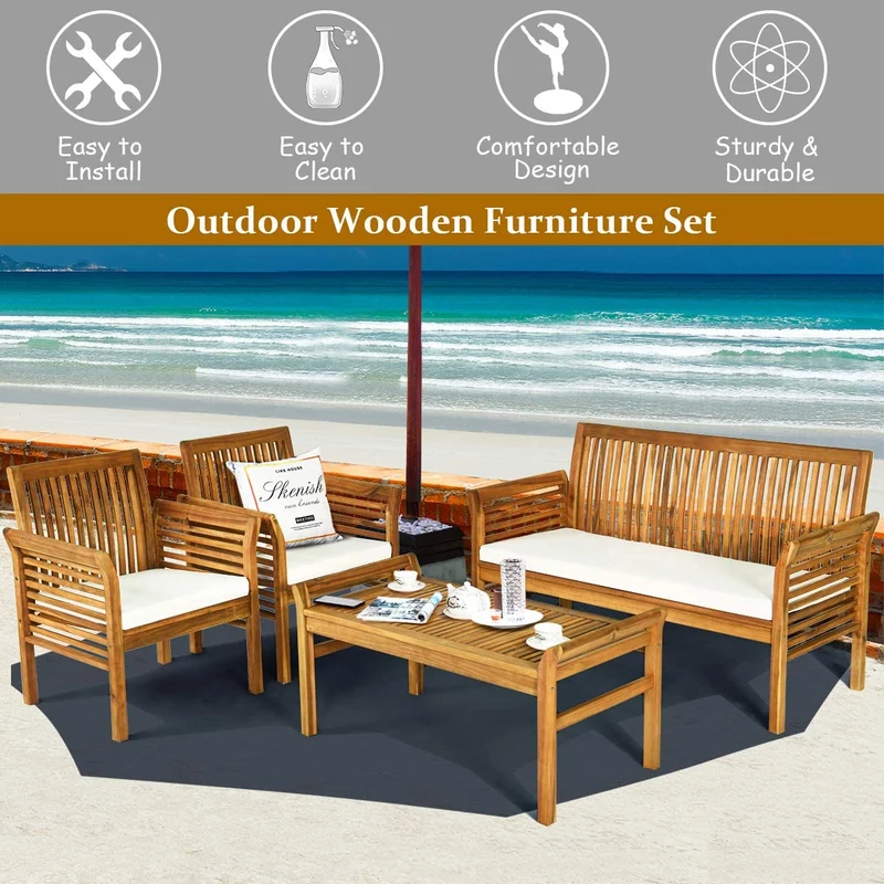 4-Piece Acacia Wood Outdoor Conversation Set with White Cushions