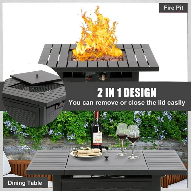 SUGIFT 28in Outdoor Gas Fire Pit Table 50,000 BTU Square Propane Fire Pit Table W/ Cover