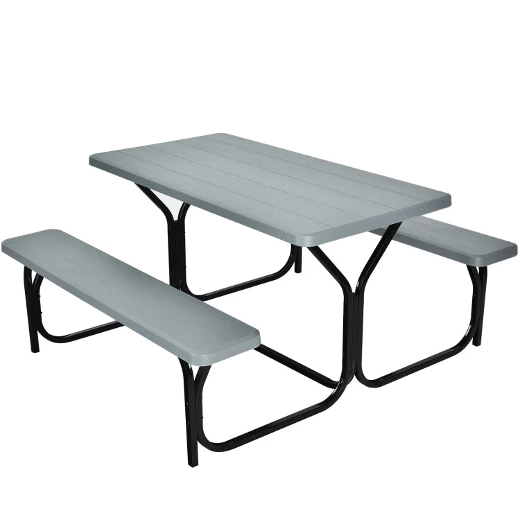 SUGIFT HDPE Outdoor Picnic Table Bench Set with Metal Base Gray