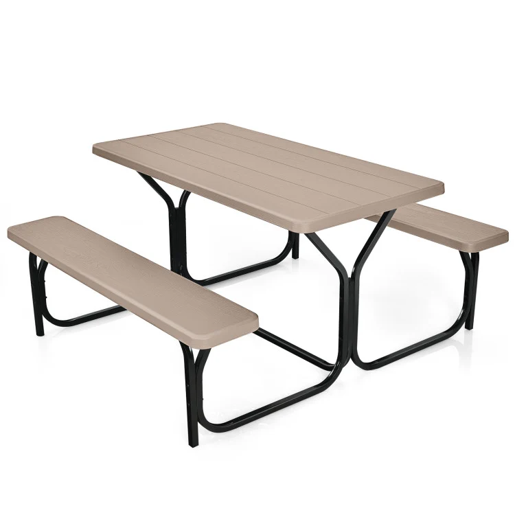SUGIFT HDPE Outdoor Picnic Table Bench Set with Metal Base Coffee