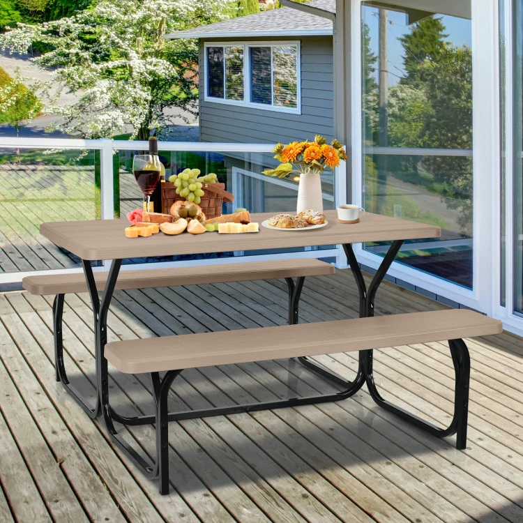 SUGIFT HDPE Outdoor Picnic Table Bench Set with Metal Base Coffee