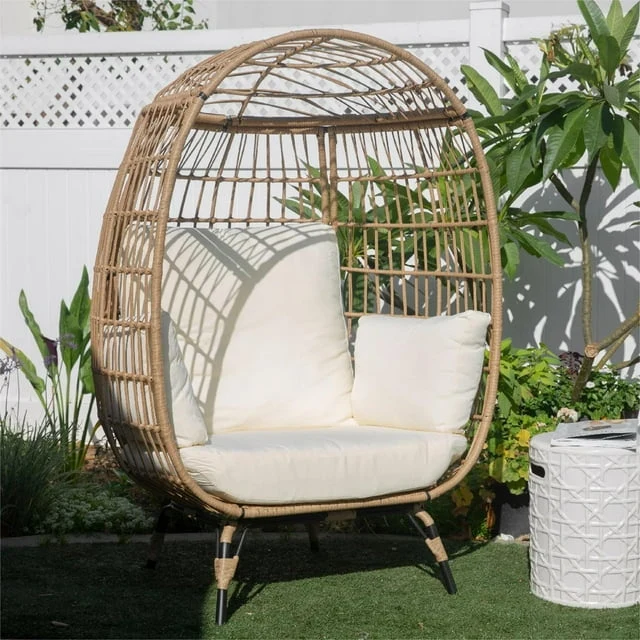 SUGIFT Wicker Egg Chair Oversized Indoor Outdoor Patio Lounger with Steel Frame, 440lb Capacity, Beige