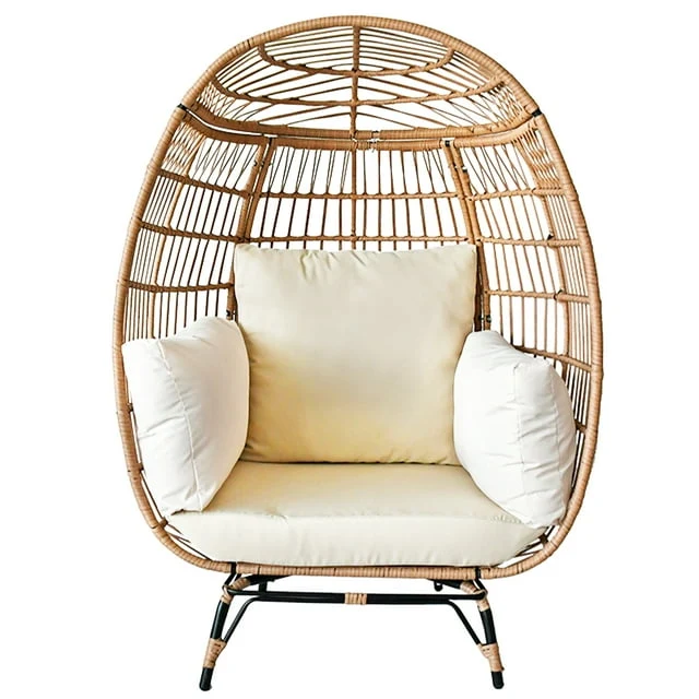 SUGIFT Wicker Egg Chair Oversized Indoor Outdoor Patio Lounger with Steel Frame, 440lb Capacity, Beige