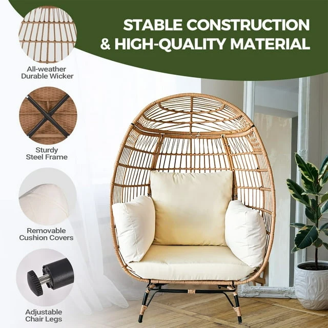 SUGIFT Wicker Egg Chair Oversized Indoor Outdoor Patio Lounger with Steel Frame, 440lb Capacity, Beige