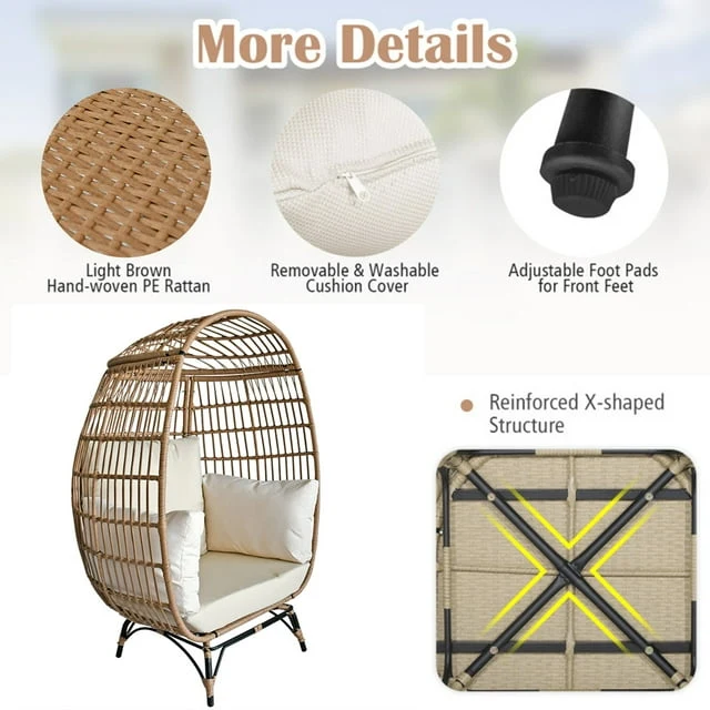 SUGIFT Wicker Egg Chair Oversized Indoor Outdoor Patio Lounger with Steel Frame, 440lb Capacity, Beige