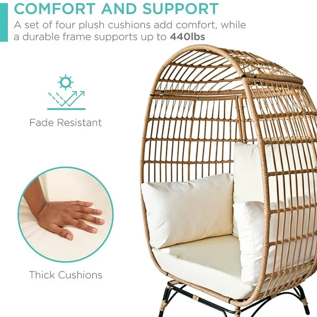 SUGIFT Wicker Egg Chair Oversized Indoor Outdoor Patio Lounger with Steel Frame, 440lb Capacity, Beige